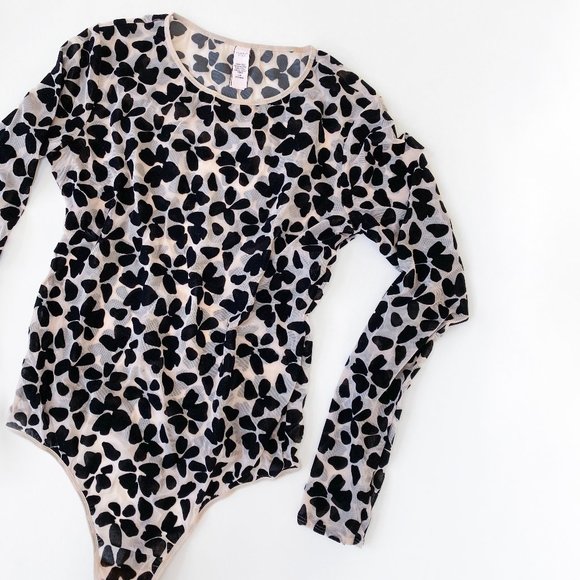 VS Sheer Long Sleeve Bodysuit with Black Velvet Floral Patterning - Picture 2 of 7